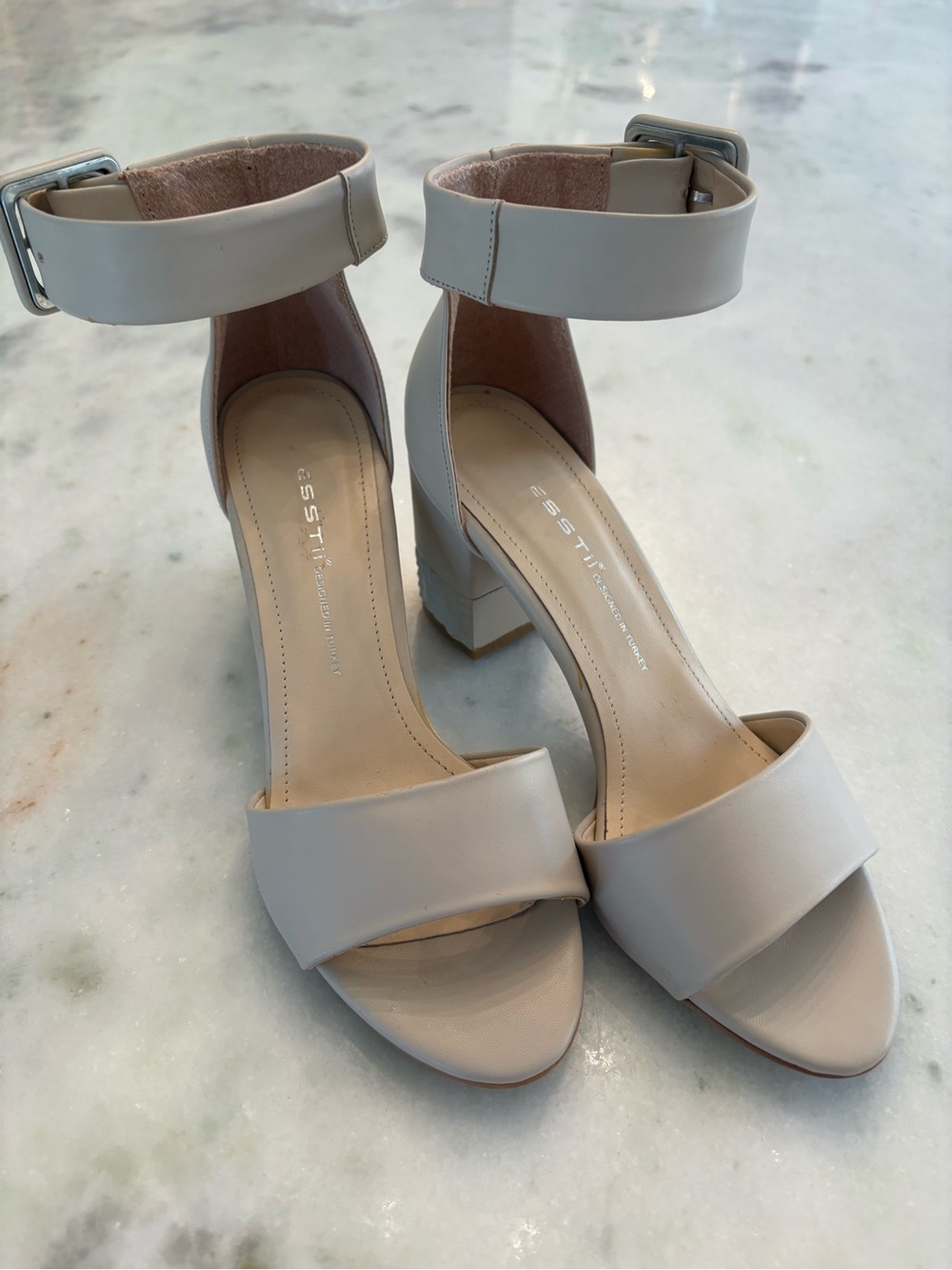 Essentials Cream Ankle-Strap Block Heel Sandals